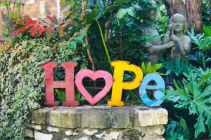 A picture with the word 'HOPE' spelt out in wooden coloured initials on top of a brick wall in a garden with a statue
